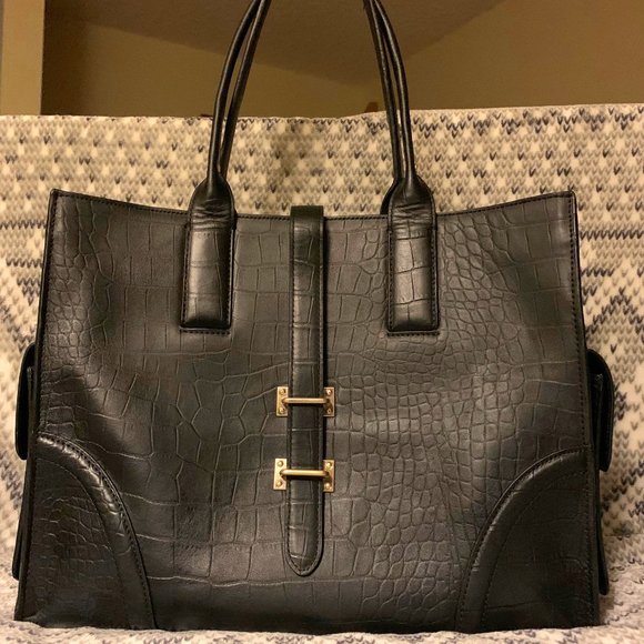 Foley + Corinna Handbags - Foley & Corinna Black Croc Leather Shopper Tote